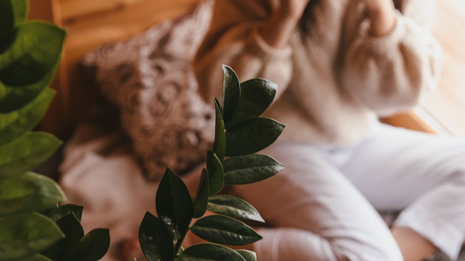 Mulher com uma xícara de chá cercada de plantas, em ambiente aconchegante